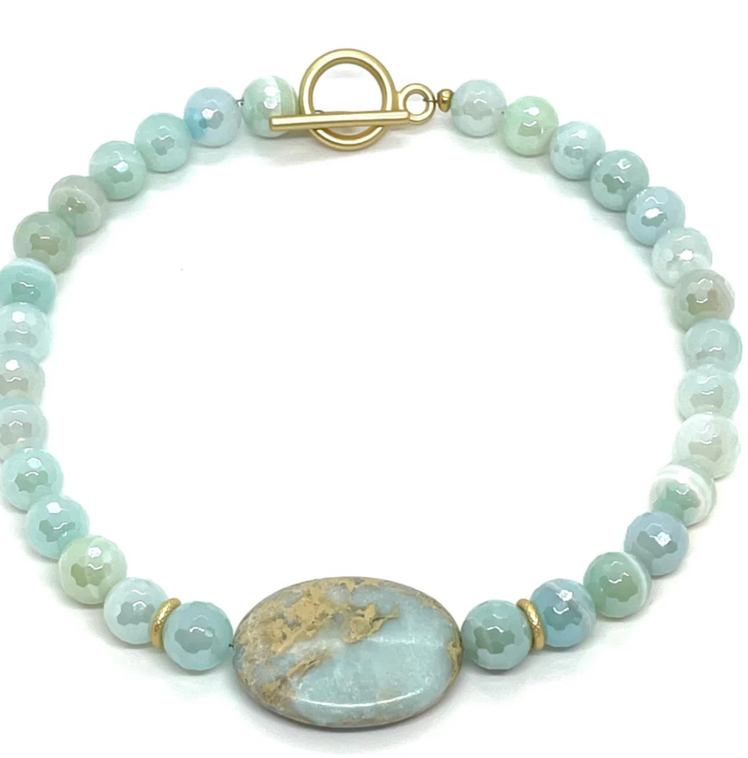 Glazed Amazonite Necklace with Blue Aqua Terra Center Stone